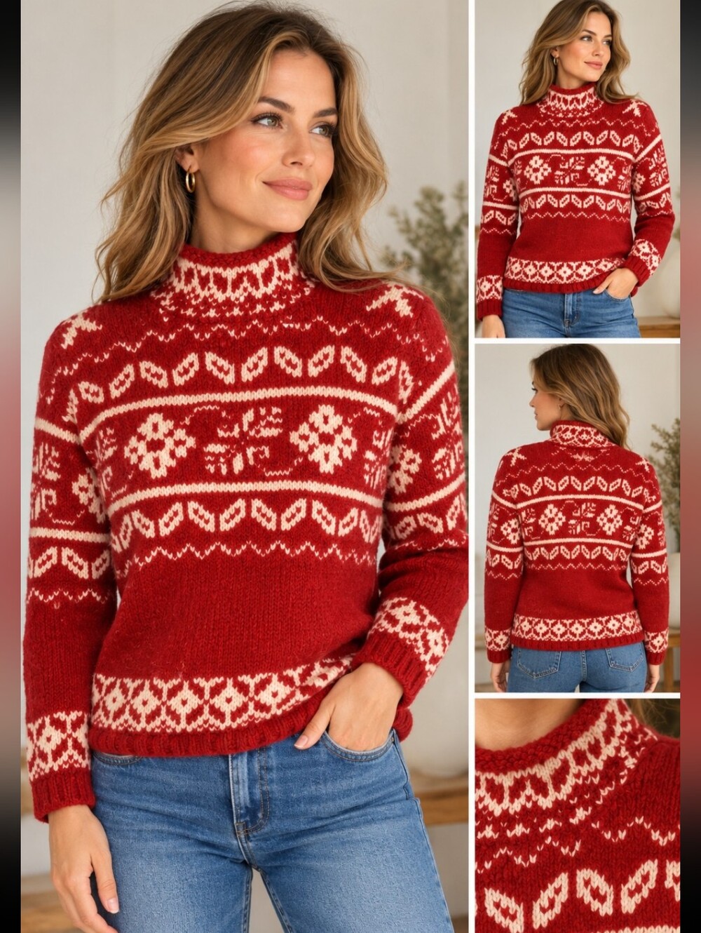 Vintage Express Tricot 100% wool Nordic/Fair Isle sweater in Red Size Small